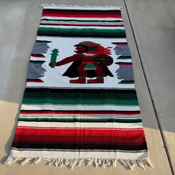 Vintage Mexican Aztec Warrior Woven Wool Serape Rug Tapestry Blanket 82x44 - Picture 3 of 11